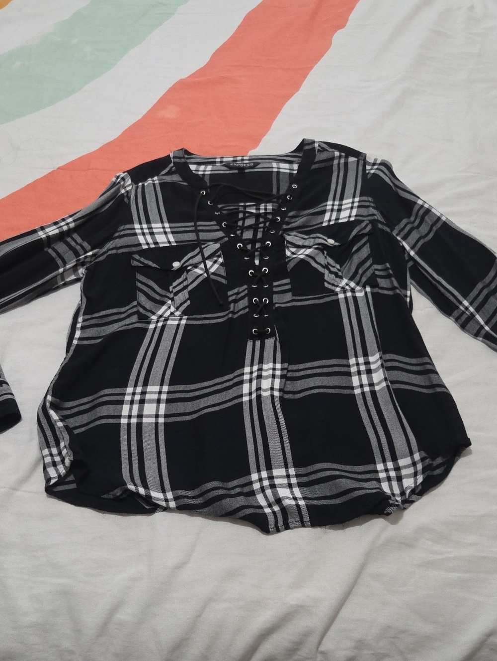 Express Black and White Plaid Lace-Up Tunic